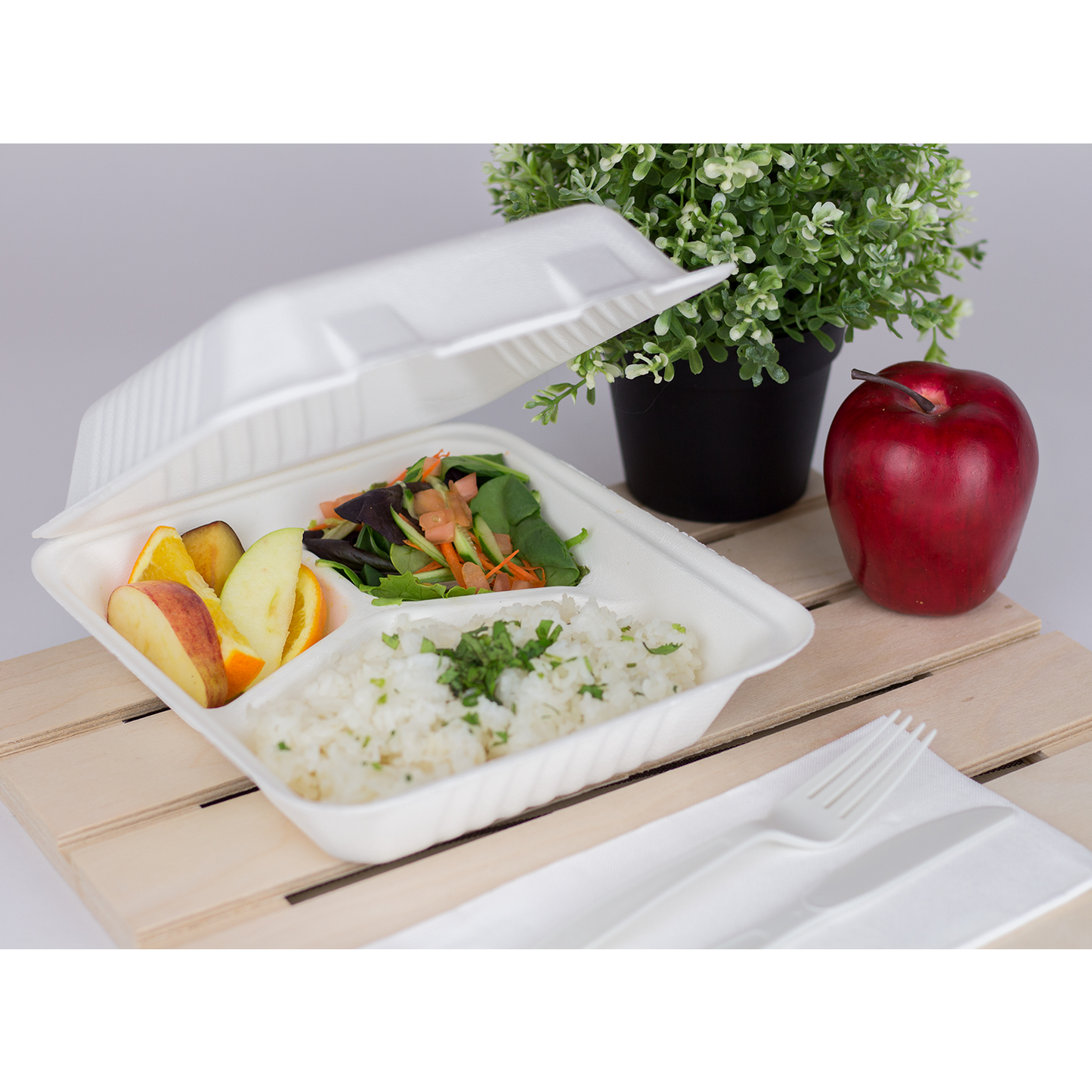 8"x8" Bagasse Hinged Container 3 Compartments
