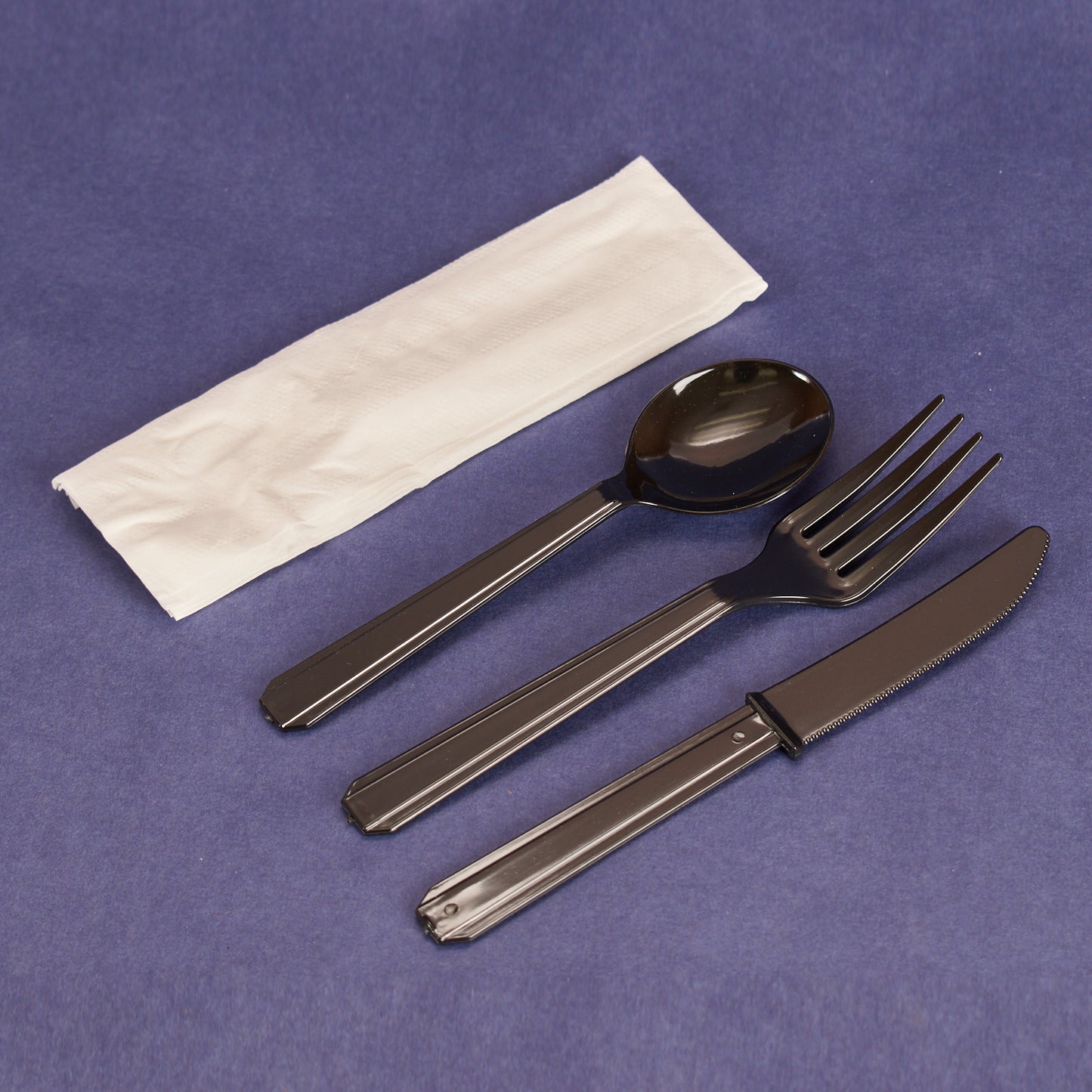 Cutlery Kits, Heavy-Weight Black Plastic Knife, Fork, Soup Spoon, and 1Ply Napkin (250/set)
