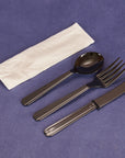 Cutlery Kits, Heavy-Weight Black Plastic Knife, Fork, Soup Spoon, and 1Ply Napkin (250/set)