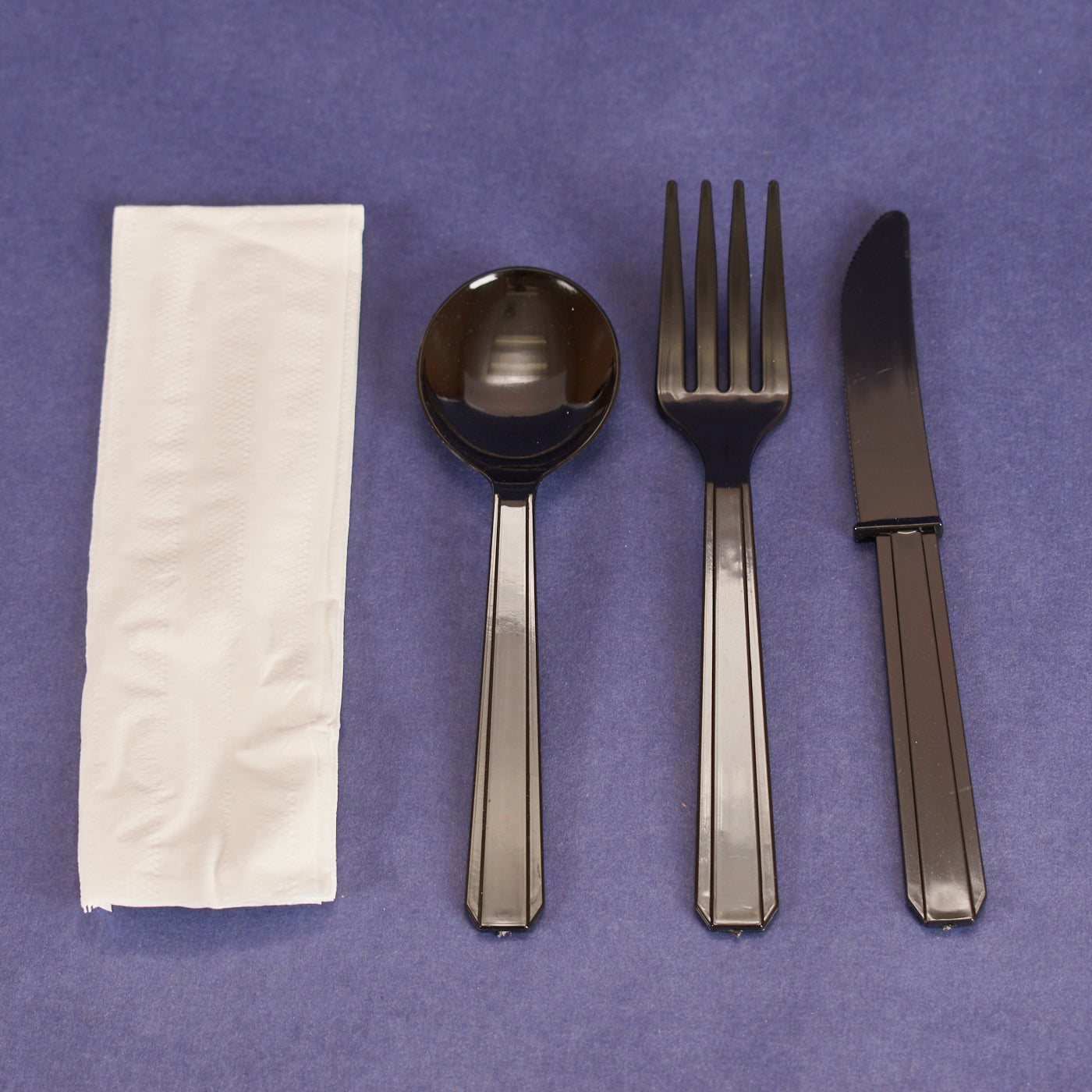 Cutlery Kits, Heavy-Weight Black Plastic Knife, Fork, Soup Spoon, and 1Ply Napkin (250/set)