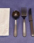 Cutlery Kits, Heavy-Weight Black Plastic Knife, Fork, Soup Spoon, and 1Ply Napkin (250/set)